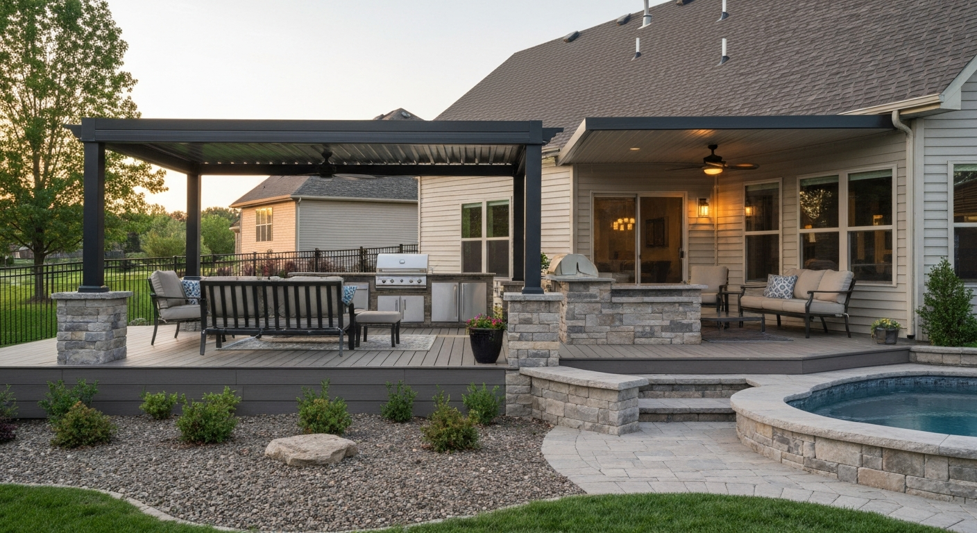 Modern Midwest backyard with an attached aluminum pergola, covered patio with outdoor kitchen, seating and pool in warm late-afternoon light.