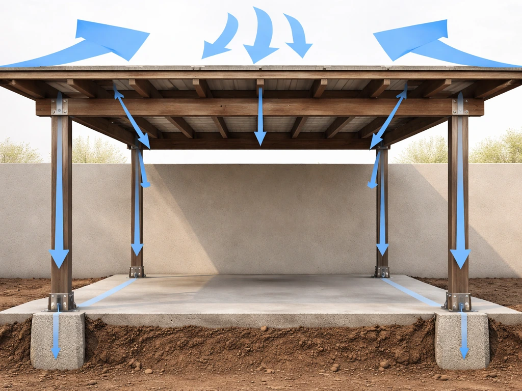 Cutaway of a wind-rated patio cover showing uplift and lateral forces down to anchors in concrete.
