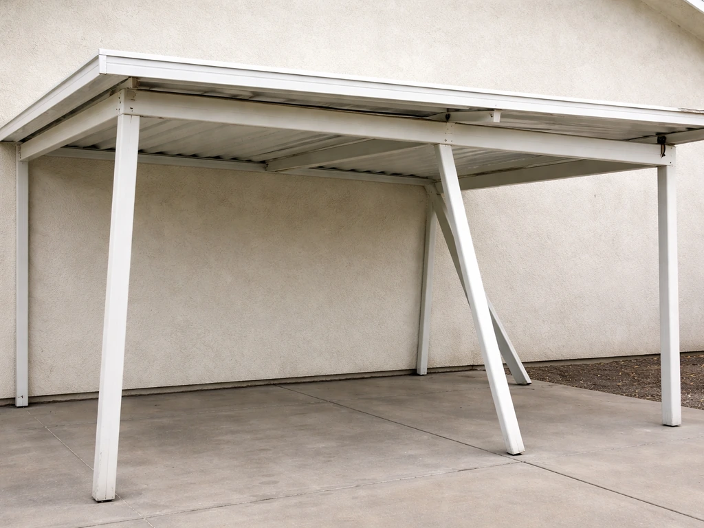 Minimal patio cover structure showing four wind-damage cues: uplift, lateral shift, racking bend, and pulled connections