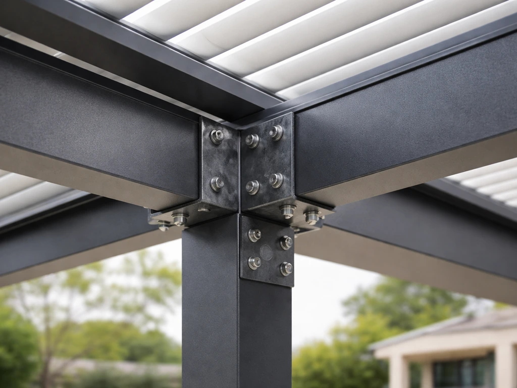 Close-up of galvanized steel pergola frame with bolts and brackets on a wind-rated patio cover.