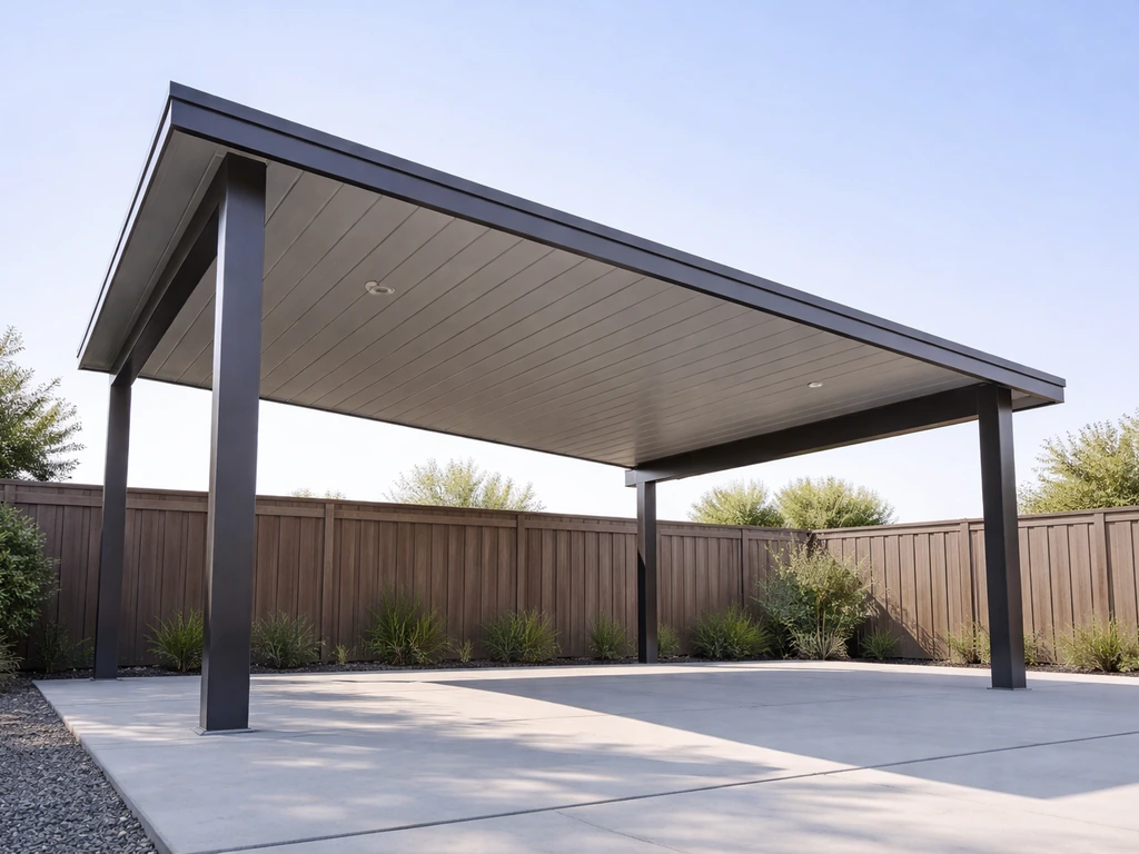 Sloped patio cover roof showing aerodynamic shape to reduce wind pressure and sail effect.