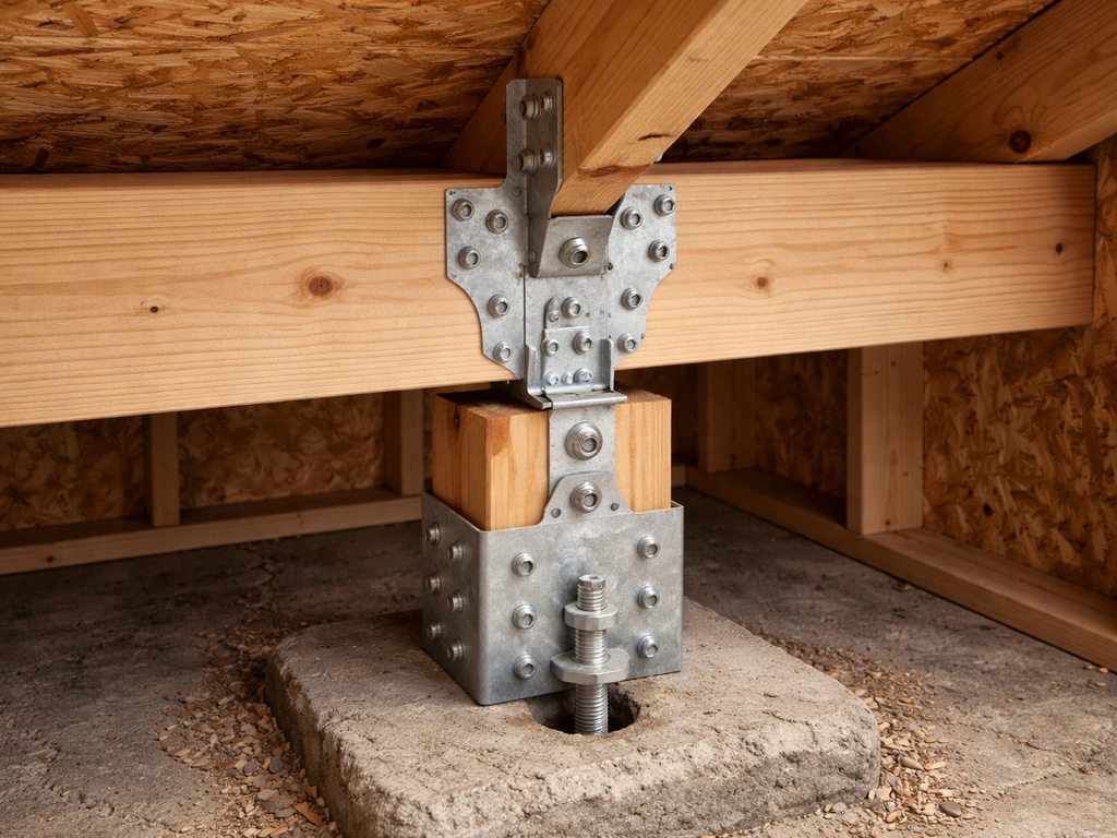 Close-up of a construction load-path connection showing roof framing hardware to post and footing.