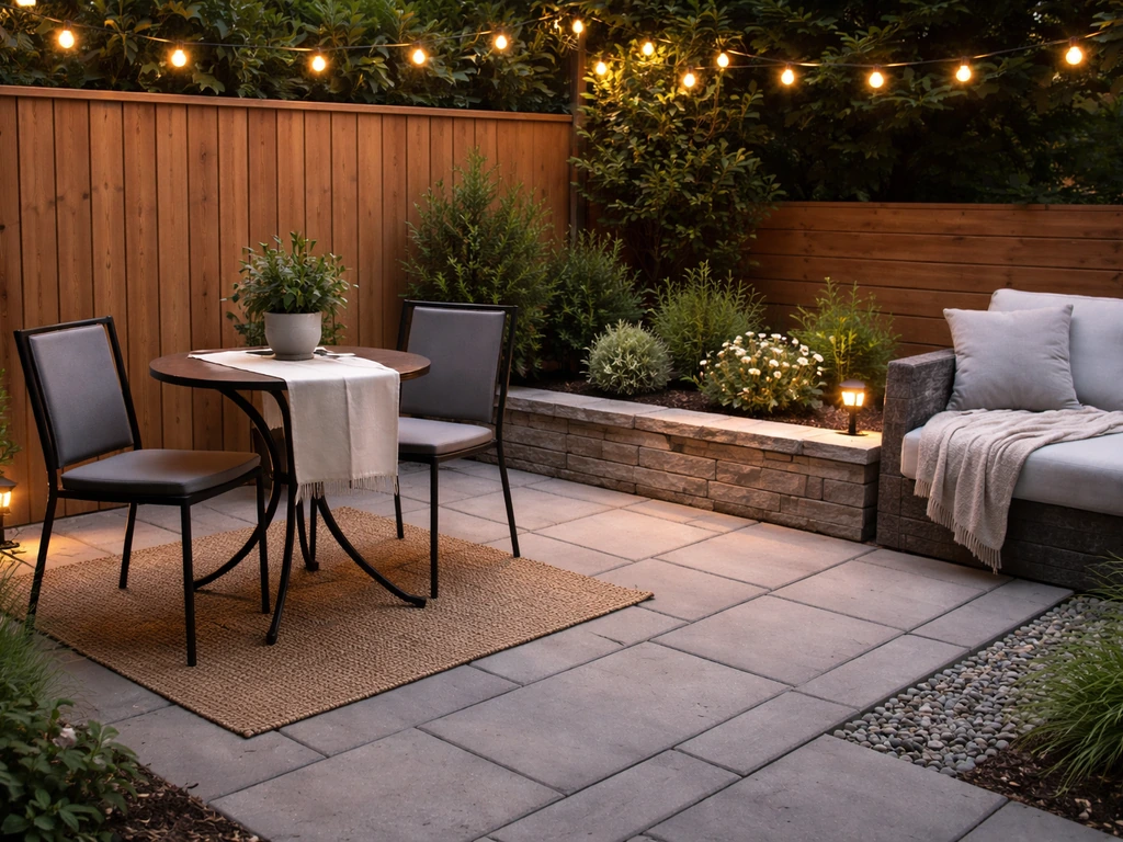 Well-styled small patio with compact dining set, pavers, string lights, and cozy lounge accents