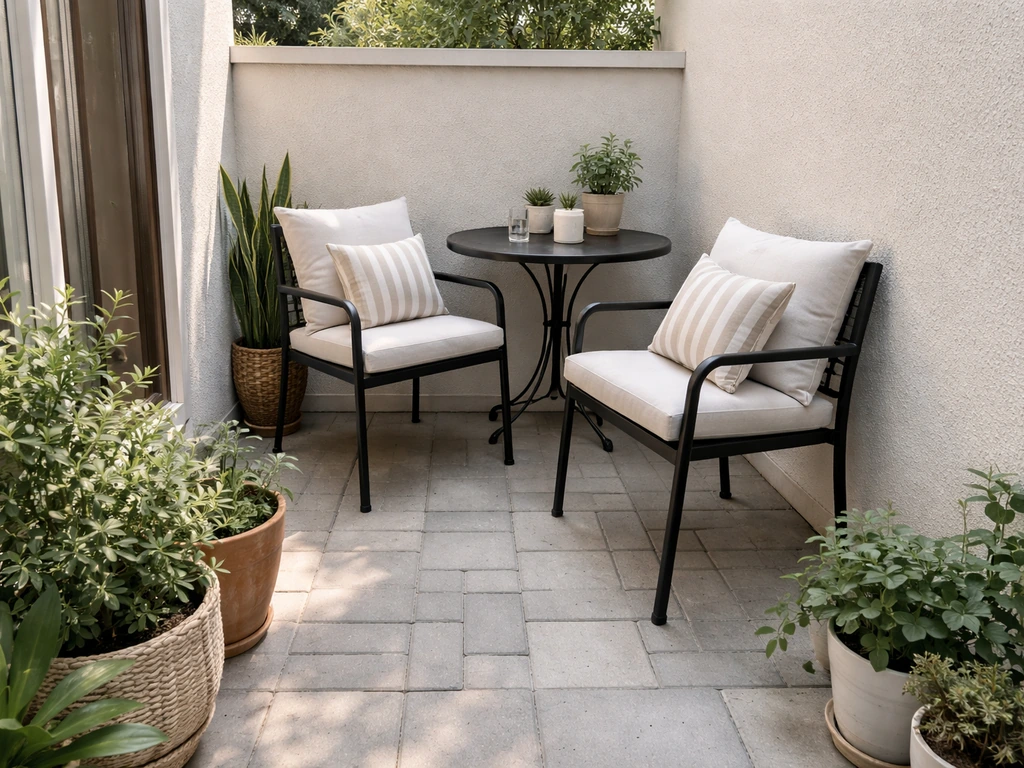 Small patio with two chairs and a round table arranged in a corner for easy circulation
