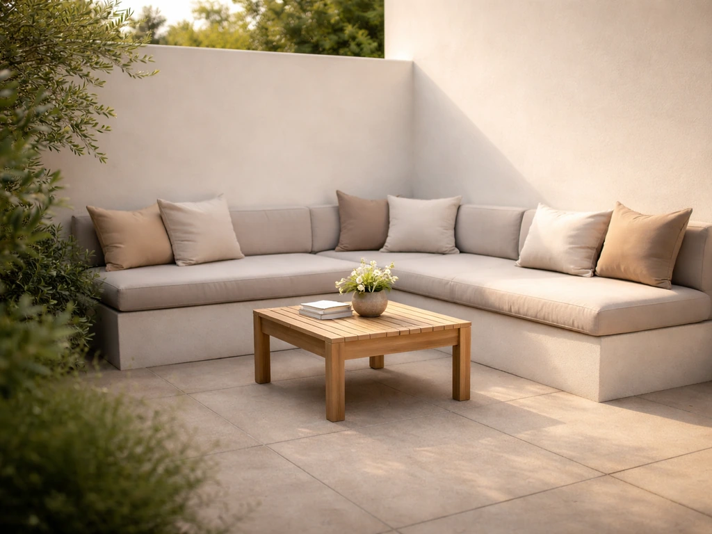 Built-in patio bench along a wall with a small center table in a minimal outdoor seating setup.