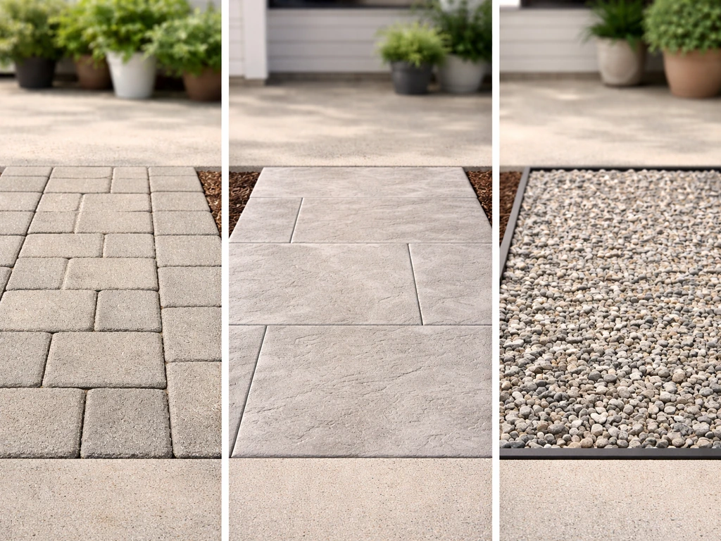 Side-by-side view of pavers, stamped concrete, and gravel flooring on a small patio section outdoors.