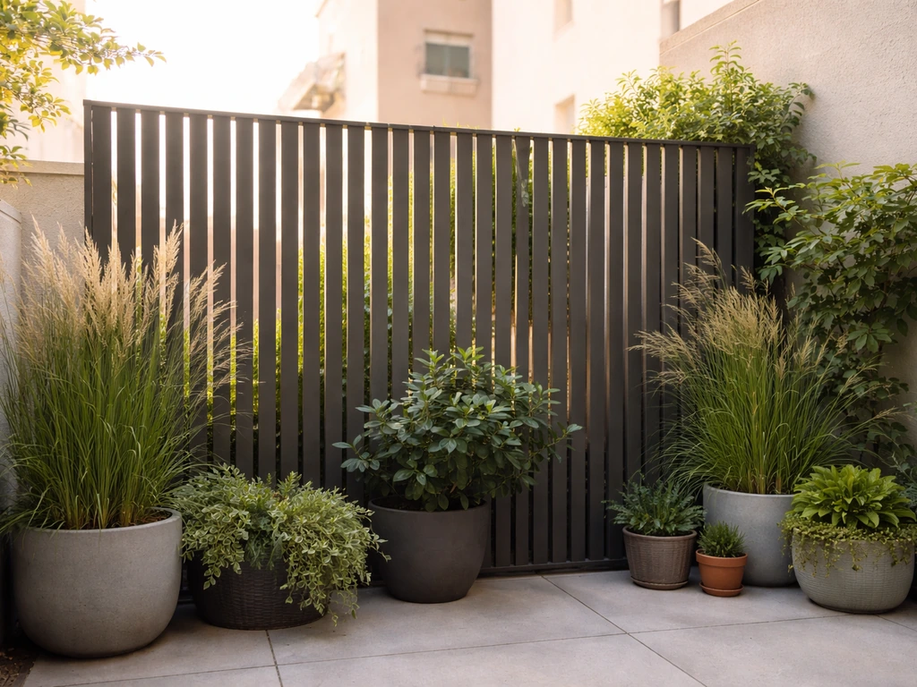 Patio privacy screen with slim planters, creating eye-level coverage without blocking light.