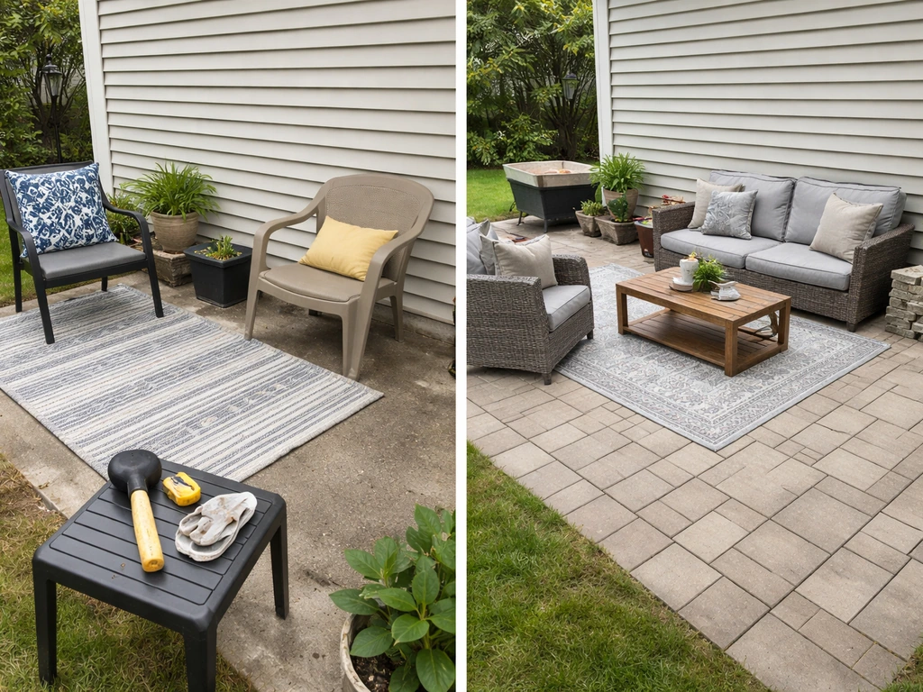 Minimal small patio scene showing DIY-style rug and furniture setup beside a hired-upgrade feel