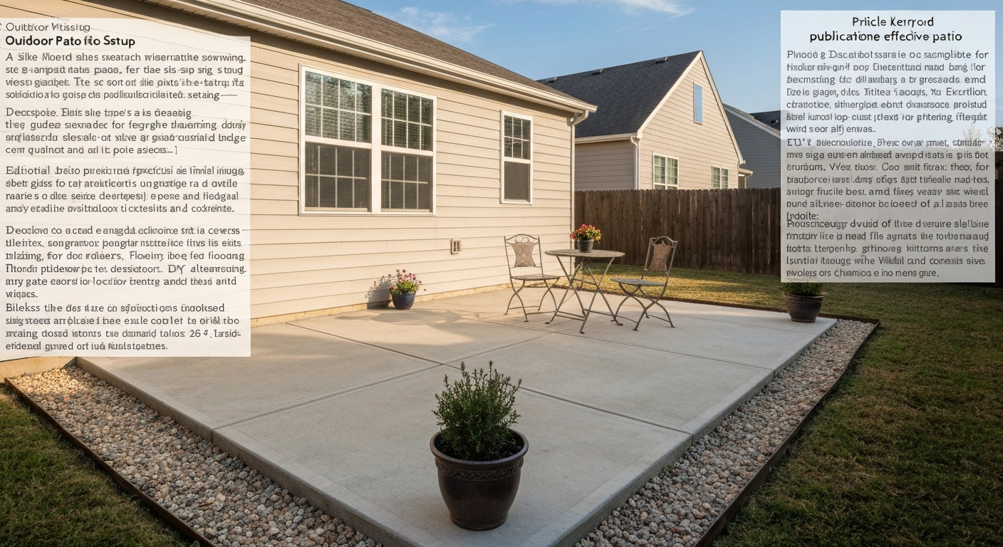Basic poured concrete patio with simple furniture and a gravel border—illustrates a budget-friendly patio option.