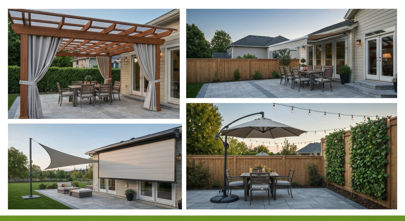 Wide patio scene showing pergola with polycarbonate roof and curtains, retractable awning, shade sail, cantilever umbrella and living wall as alternatives to patio blinds