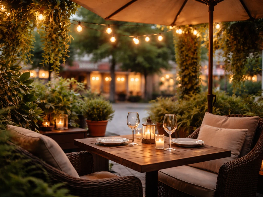 Warm-lit outdoor patio with greenery, cushioned seating, and a cozy table setting in Kitchener.