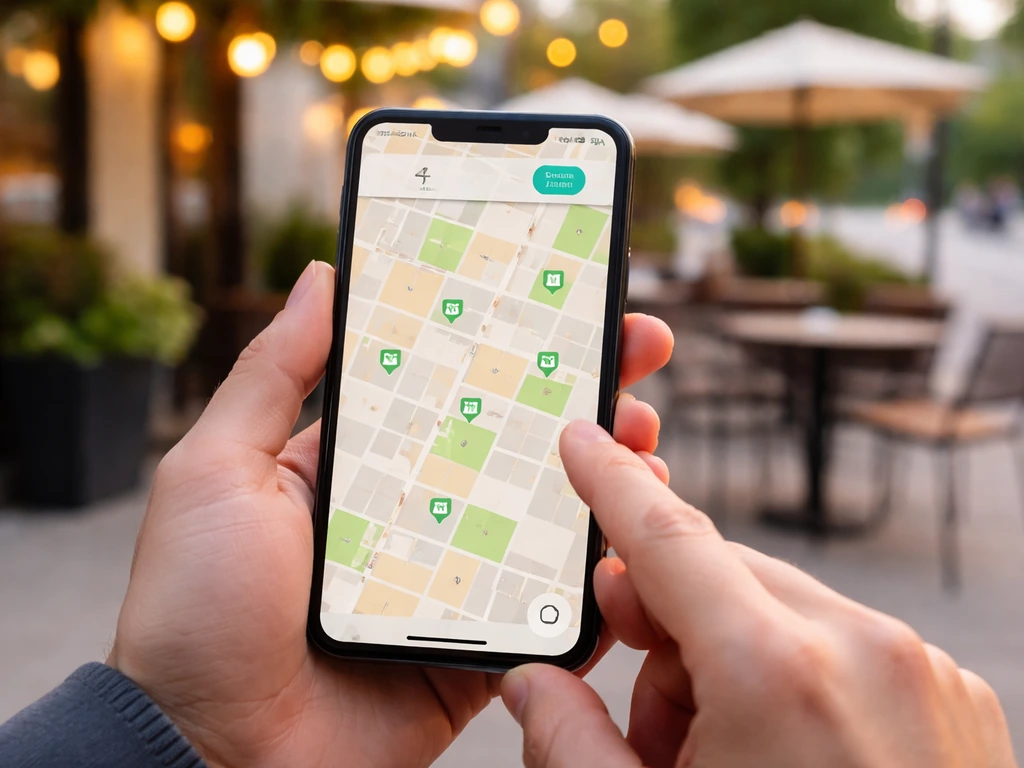 Hands holding a smartphone showing an outdoor seating map filter, patio seating vibe in the background.