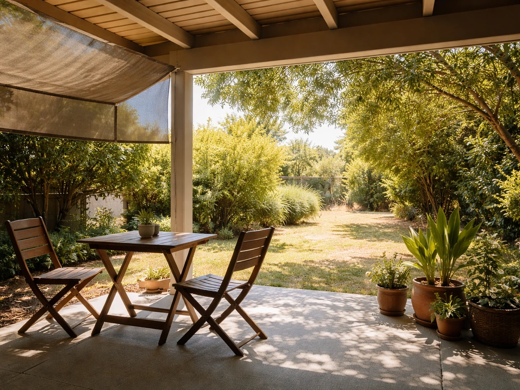 Covered patio under a pergola with retractable shade cloth creating cool shadow on summer afternoon.