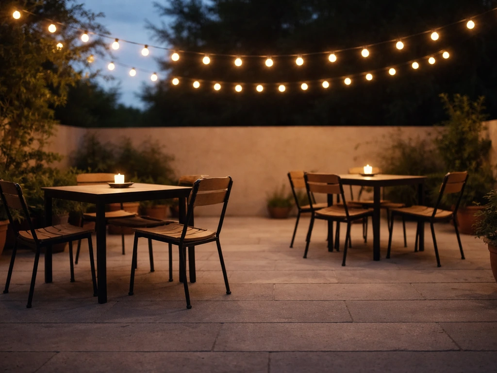Evening patio with warm overhead string lights and spaced-out tables creating an inviting event atmosphere