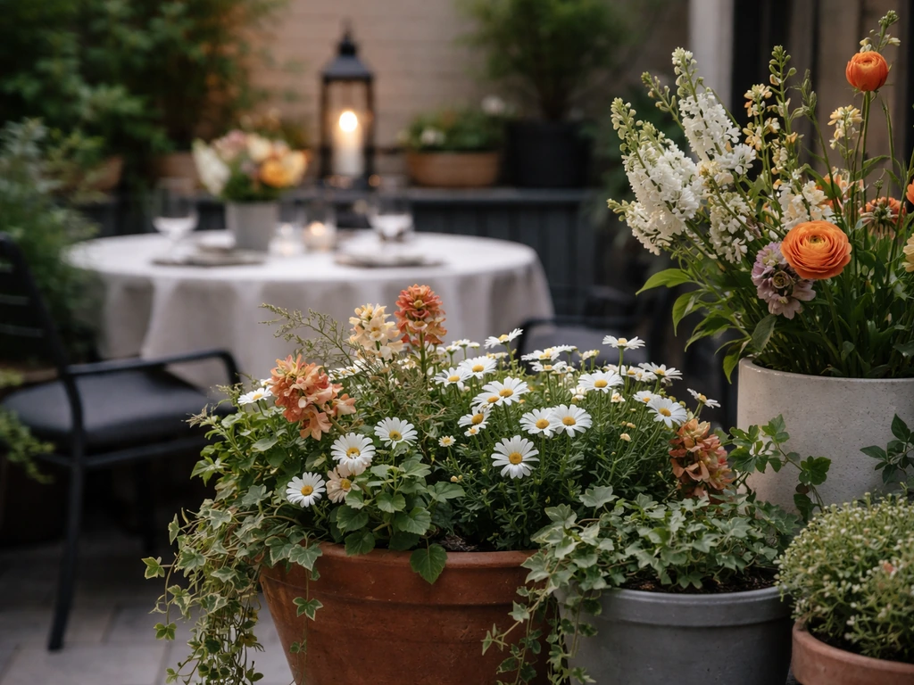 Inviting patio with potted greenery and blooming flowers styled around an outdoor dining table.
