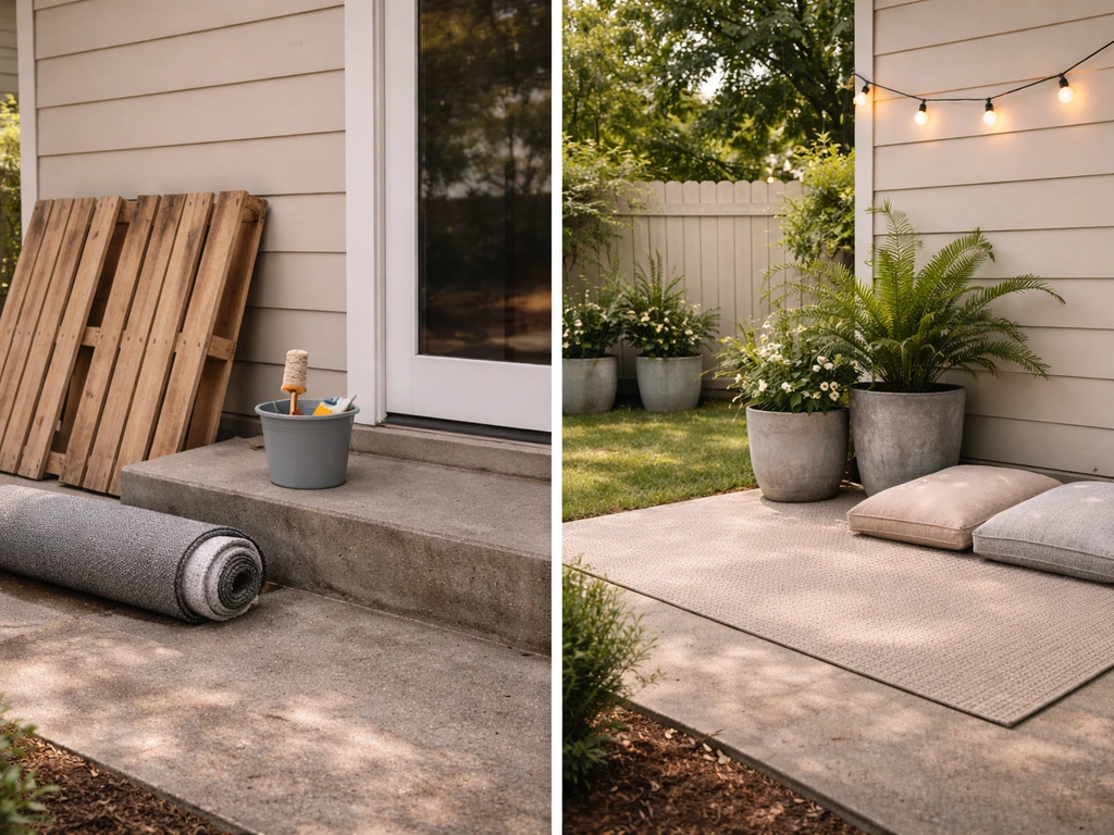 Minimal patio makeover scene with budget DIY items and a brighter upgraded corner using natural materials.