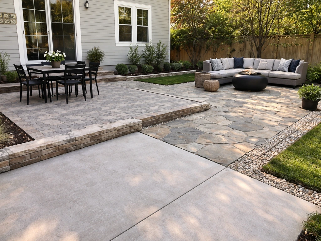 Finished backyard patio showing different surface textures and clean layout zones in warm daylight.