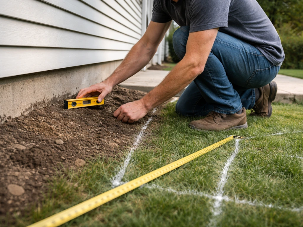 Homeowner kneeling with a small level measuring tape to check yard slope near a house patio area.