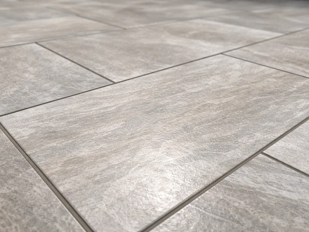 Close-up of porcelain paver patio tiles showing realistic stone-like texture and grout lines.