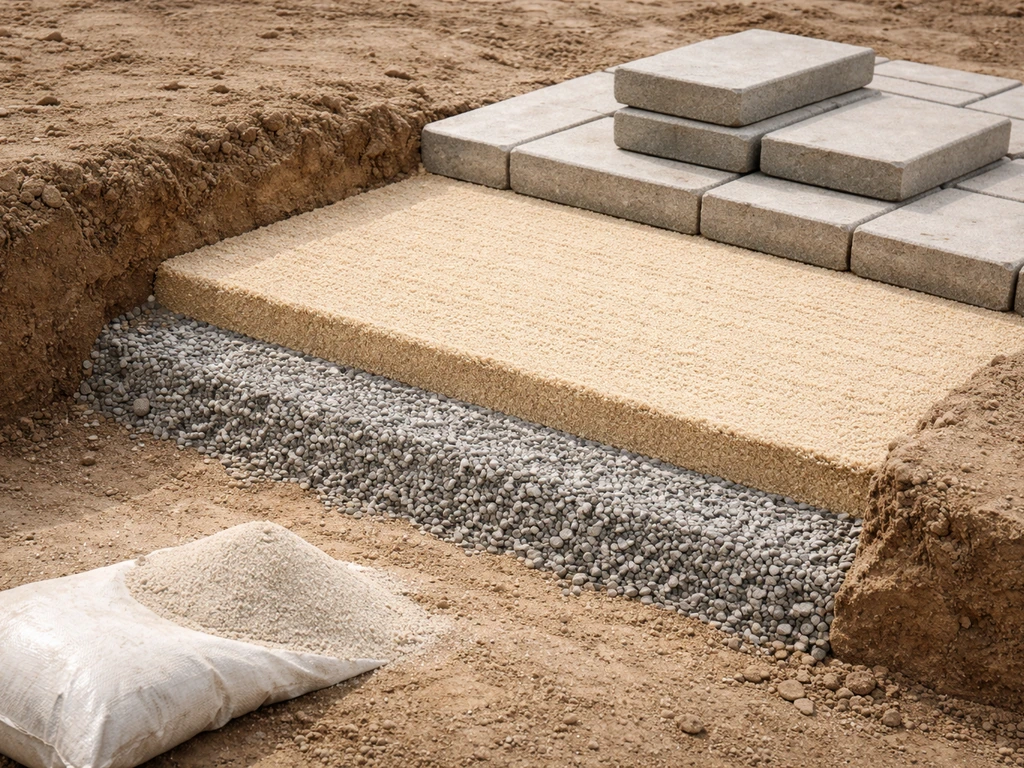 Cross-section view of a residential paver base under construction with gravel, bedding sand, and polymeric sand.
