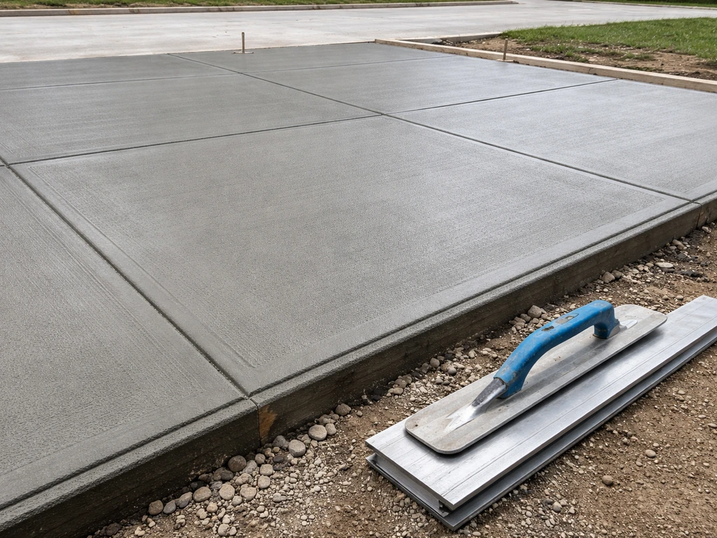 Close-up of a fresh concrete patio with visible control joints and a finish trowel at worksite