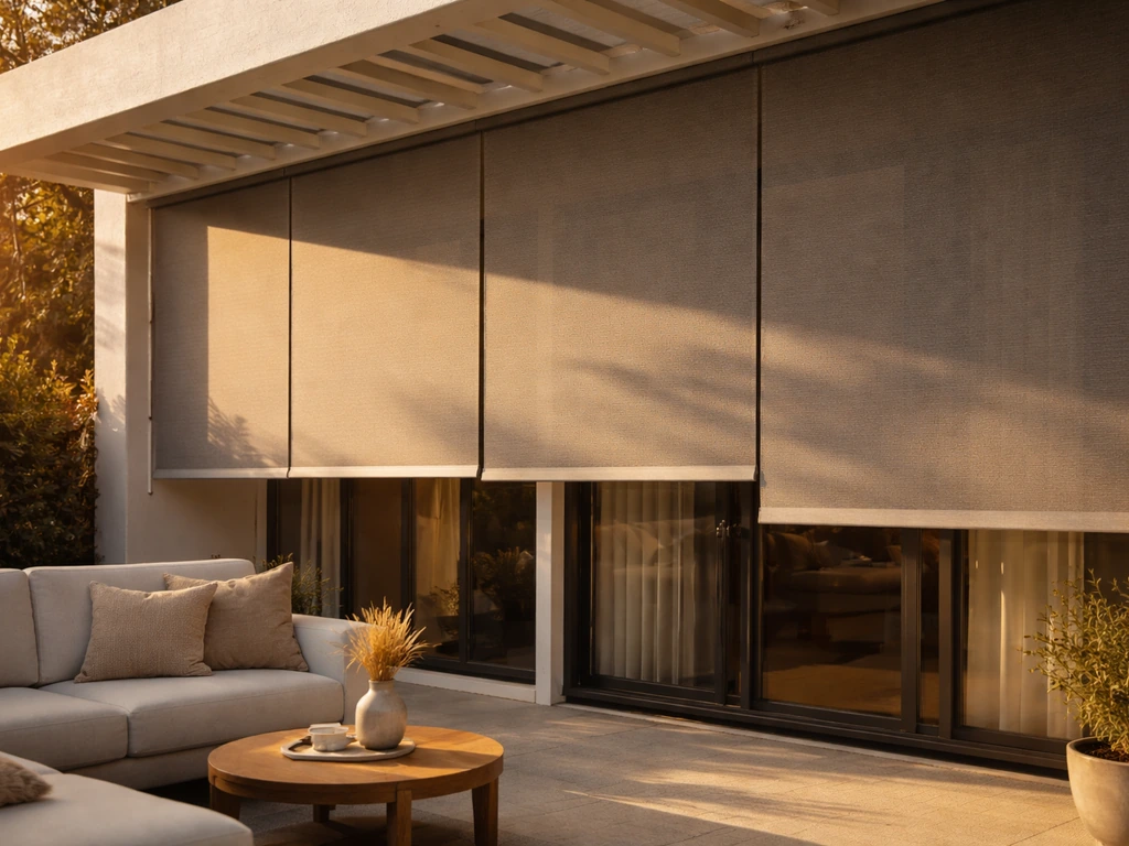 Stylish patio with partially lowered solar blinds for sun control, showing outdoor living atmosphere.