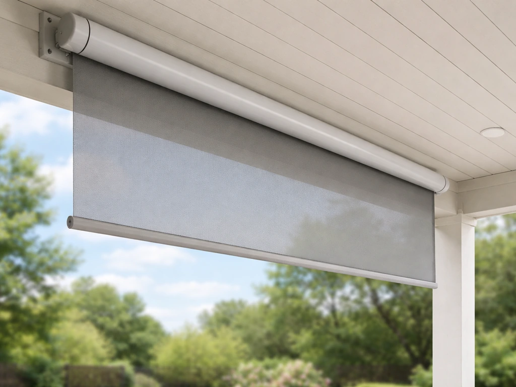 Outdoor roller shade partially pulled down under a patio ceiling with the fabric rolled at the top.