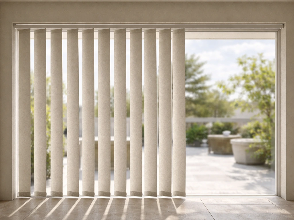 Vertical panel/strip blinds on a large patio opening with slats angled for partial light control.