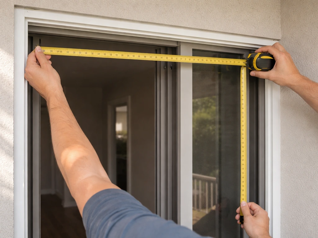 Tape measure measuring patio blind opening width and height on a sliding door frame.