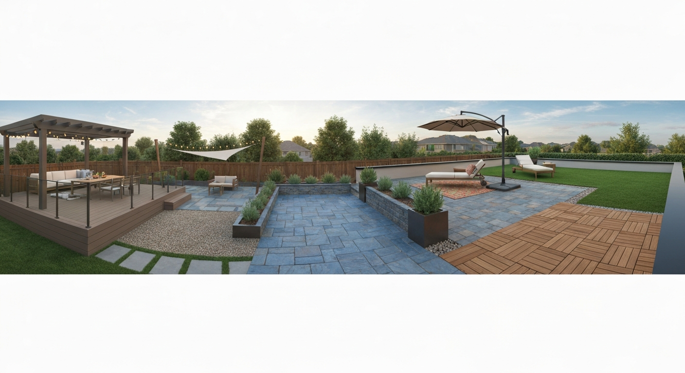 Panoramic illustration showing multiple outdoor patio alternatives — composite deck, stone pavers, gravel/decomposed granite pad, modular deck tiles, and artificial turf — with shade features and furniture in a backyard setting.