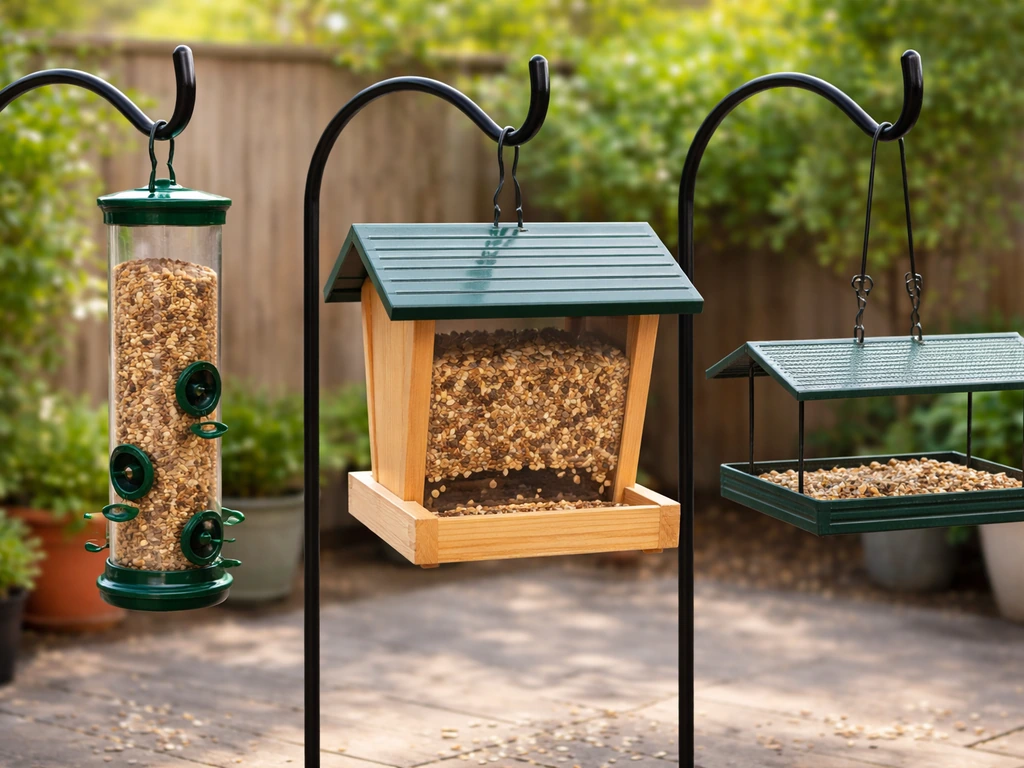 Side-by-side view of tube, hopper, and platform bird feeders mounted on a patio with natural seed spill.