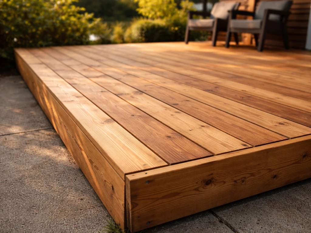 Close view of a durable outdoor wood patio deck with visible grain and deck boards in natural light.