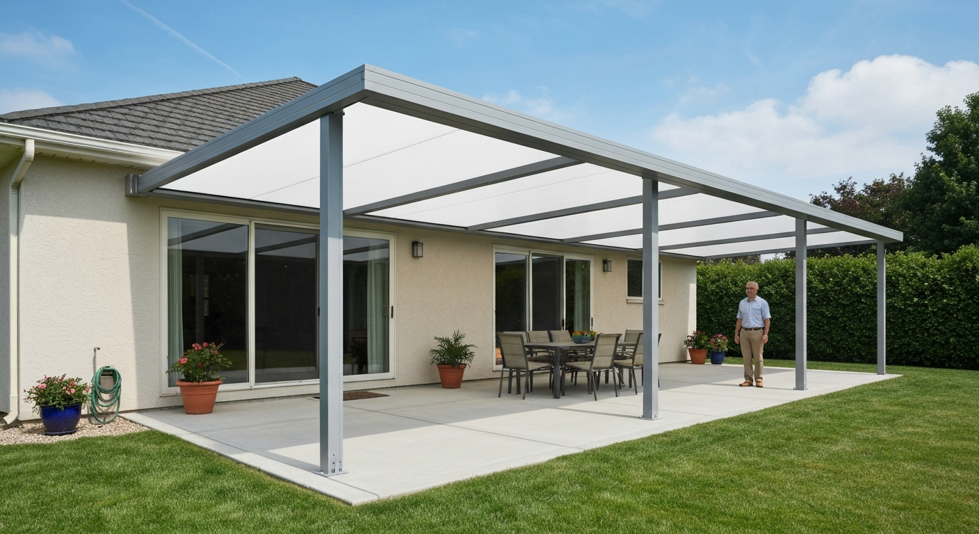 Modern aluminum lean-to patio cover with opal polycarbonate panels over a suburban patio