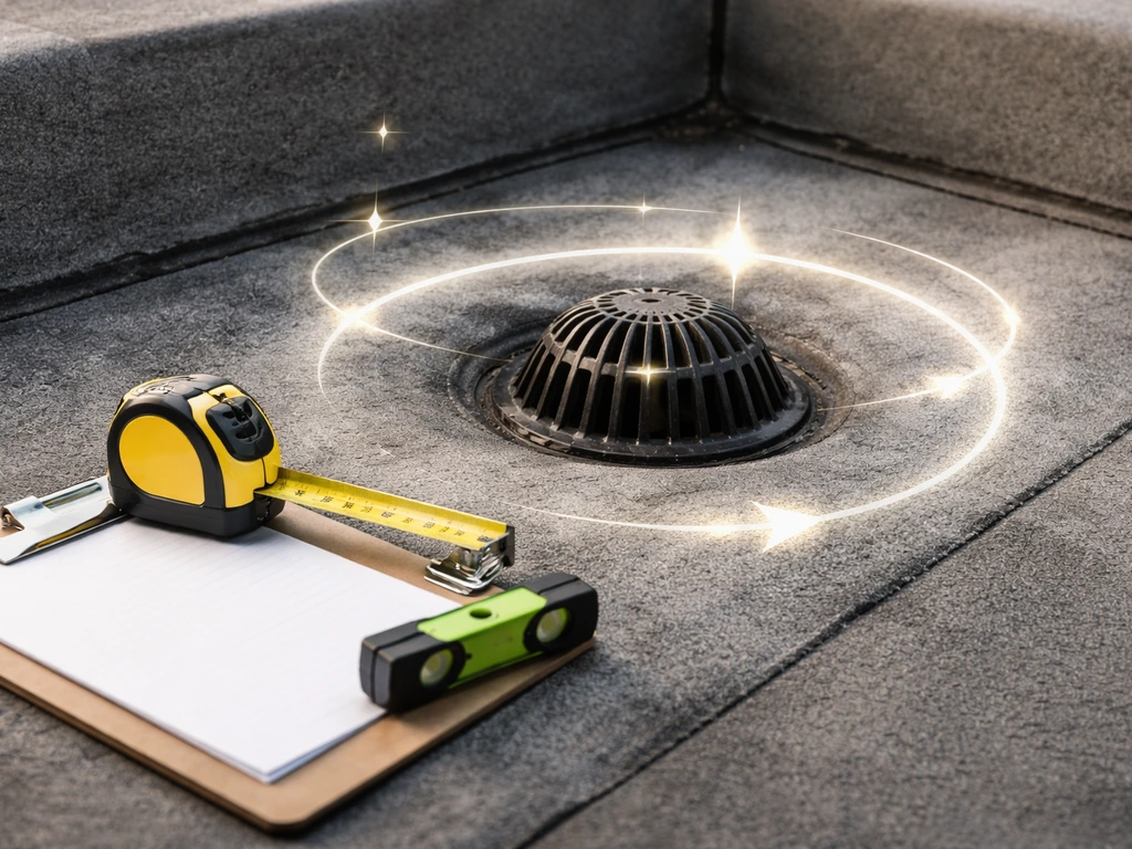 Close-up of a rooftop drain area with measuring tools and a clipboard, suggesting a feasibility checklist.