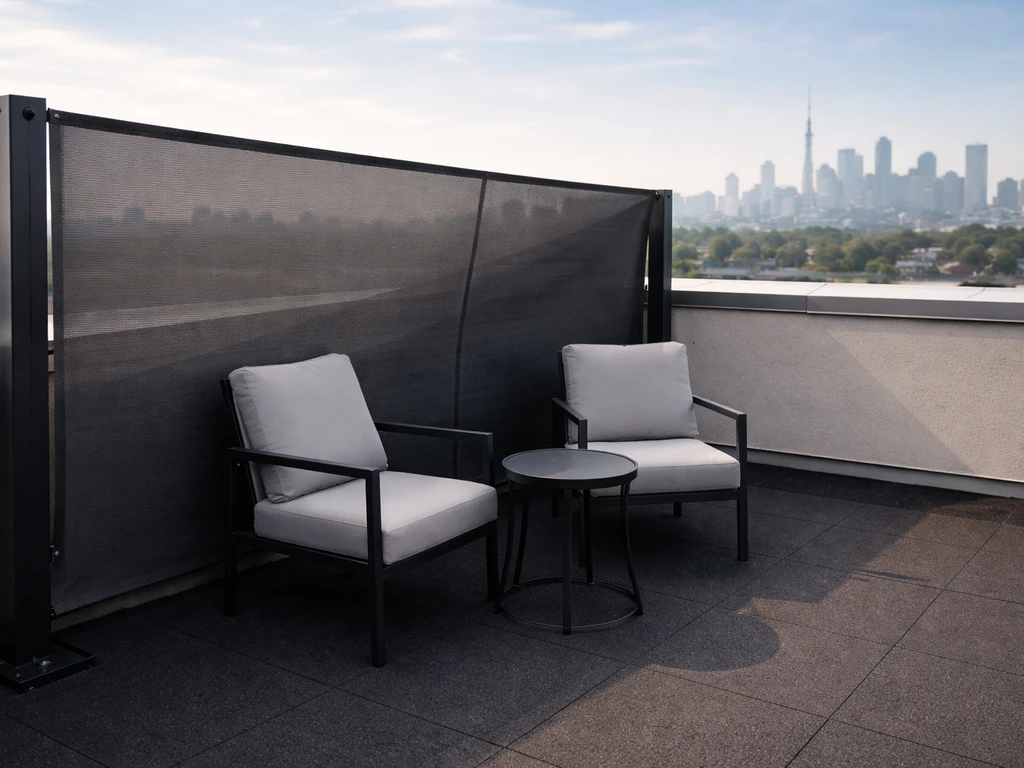 Rooftop patio with a southwest-facing privacy screen blocking wind, chairs positioned for calmer comfort.