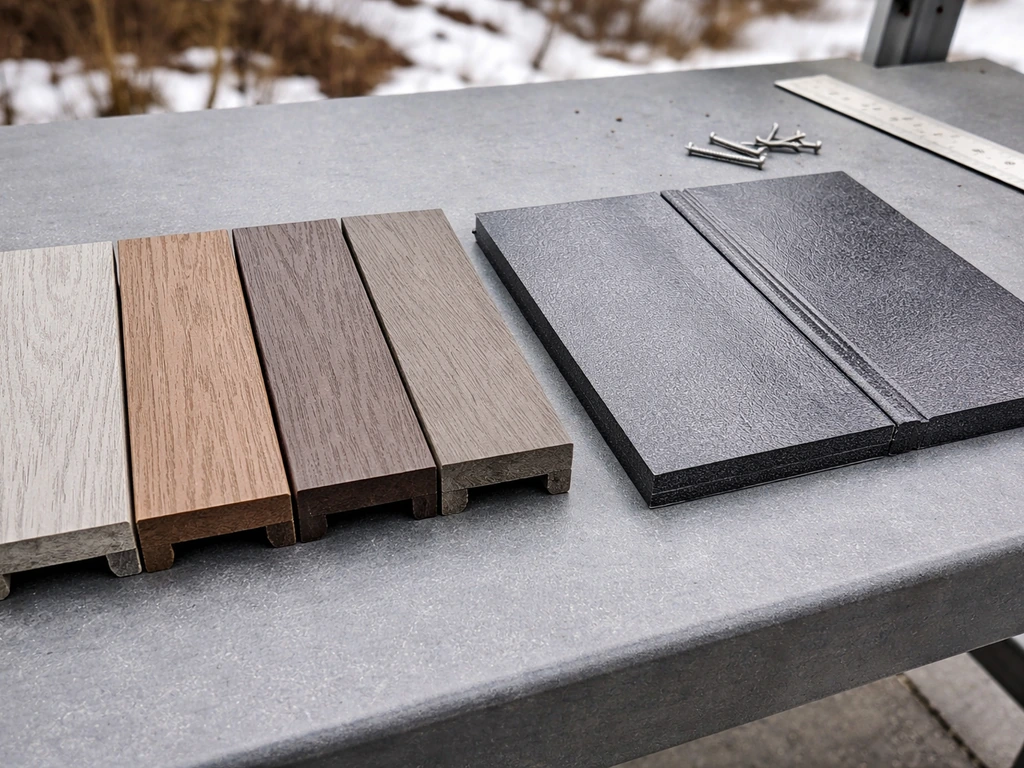 Side-by-side samples of composite decking and a sealed roofing membrane on a workbench outdoors.