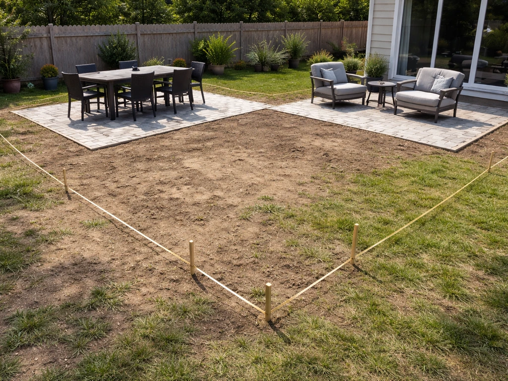 Home backyard patio area with marked footprint and separated zones for dining and seating.