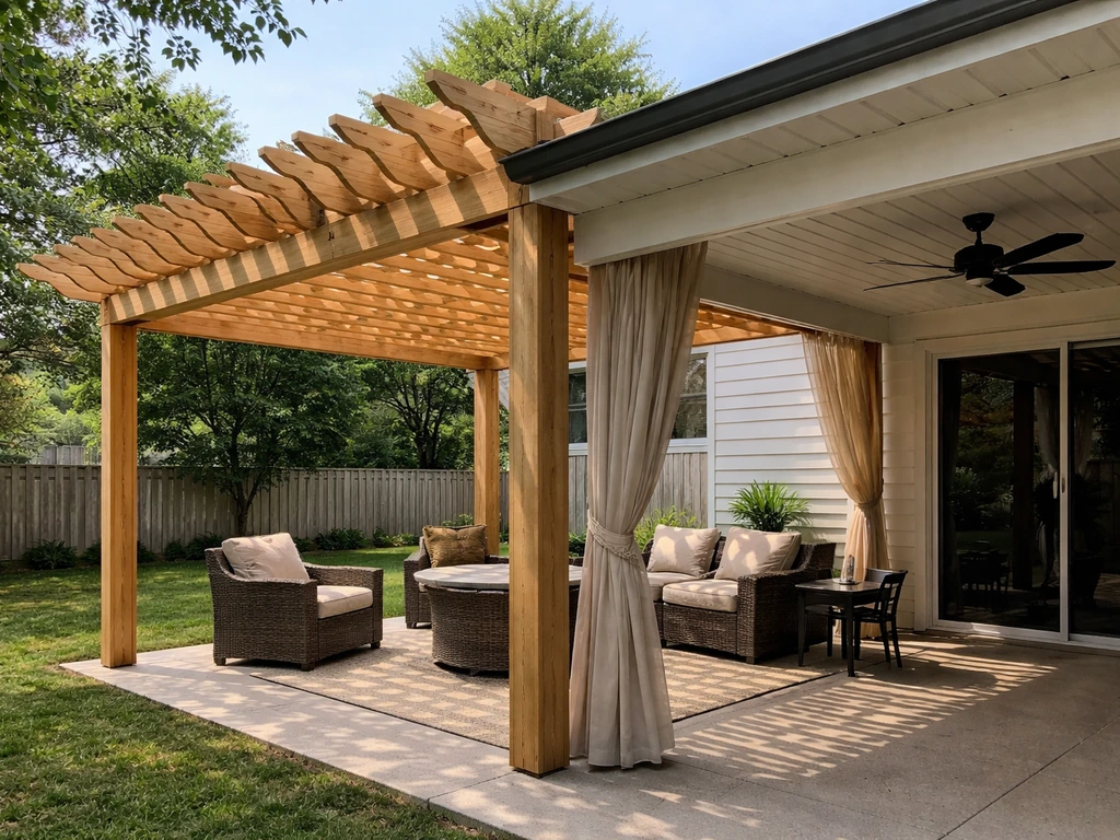New pergola shading a patio with sealed roof details and outdoor fan for weather-proof comfort.