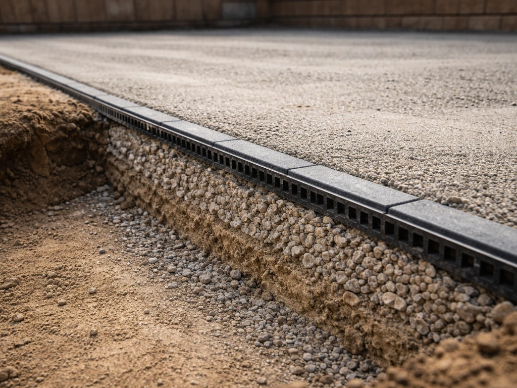 Exposed patio base with compacted aggregate layers and graded drainage slope/edge detail