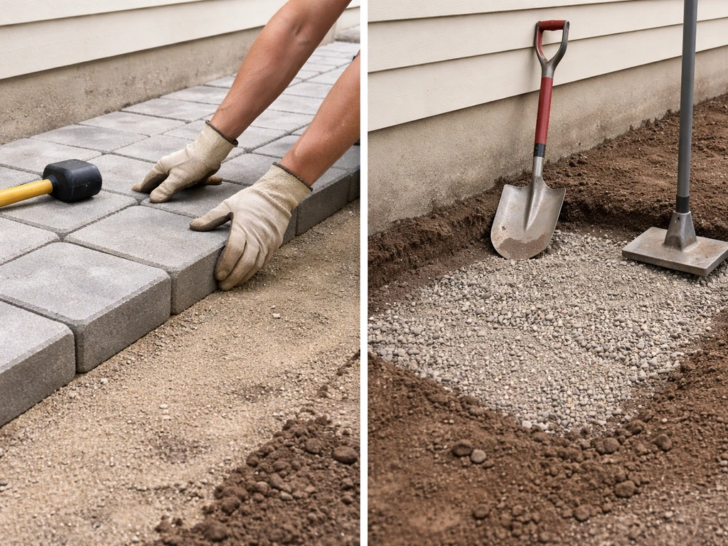Homeowner laying pavers by a simple patio edge next to an excavated contractor-style base area.