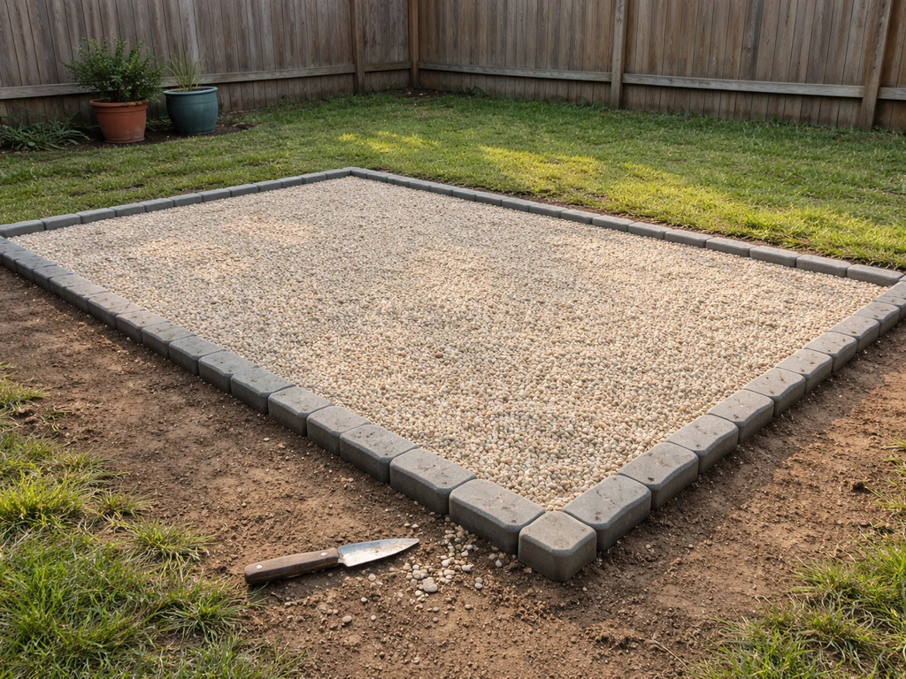 Minimal DIY patio area with a clear rectangular footprint, pea gravel base, and simple edging in a backyard.