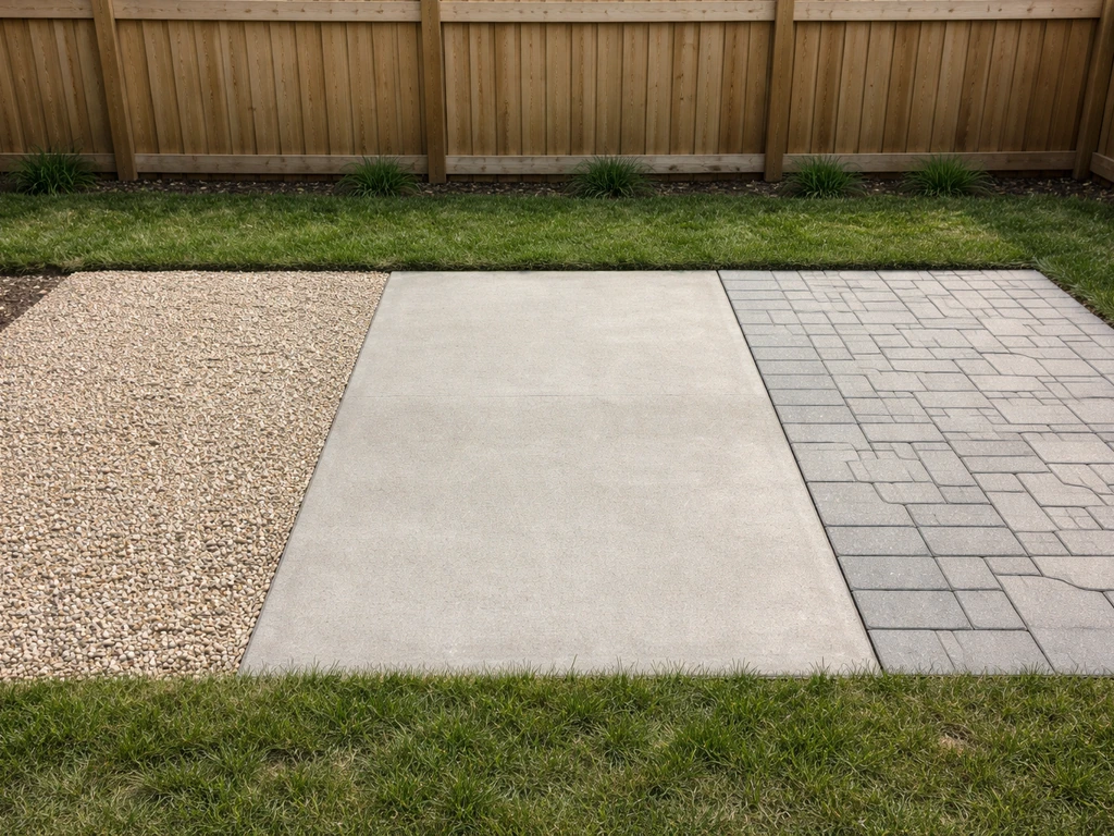 Backyard side-by-side patio surfaces: pea gravel, concrete slab, and concrete pavers in natural light.