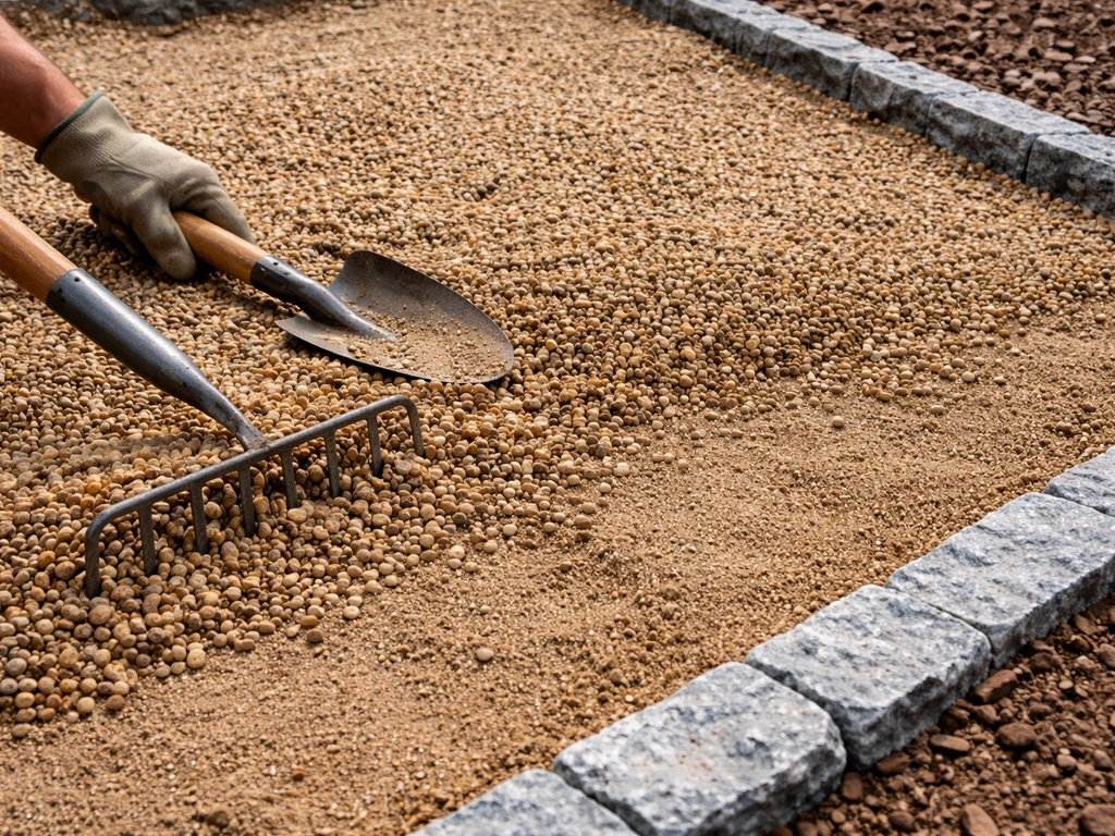Hands spreading and leveling pea gravel for a patio base, with a compacted stone edge border visible.