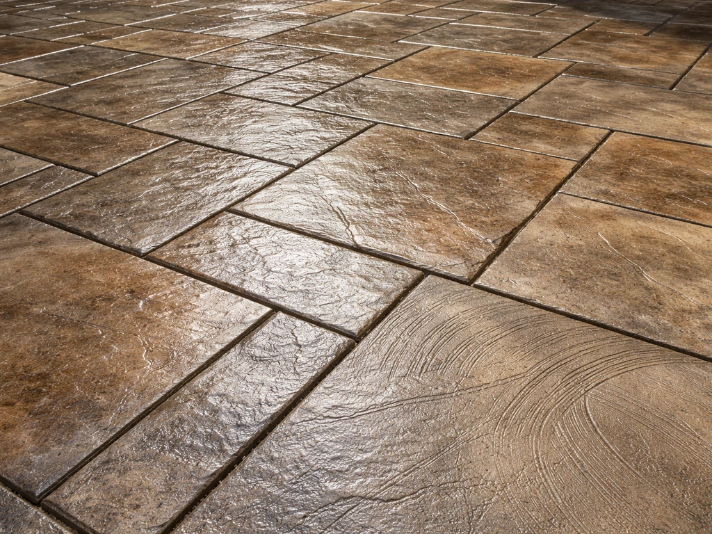 Stamped concrete patio with visible sealant finish and trowel texture in a simple pattern
