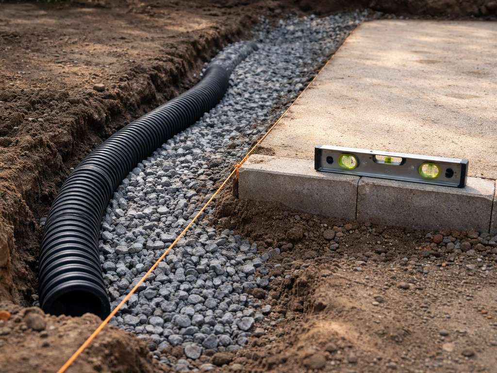 Contractor tools beside an excavated patio edge with drainage gravel and a small level line
