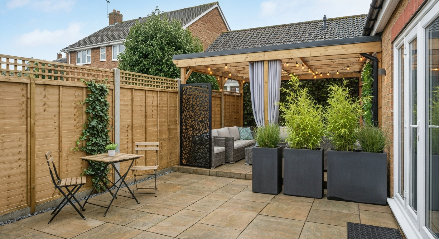 Photorealistic patio with timber fence, metal privacy screen, bamboo planters and a pergola with curtains, showing combined privacy solutions.