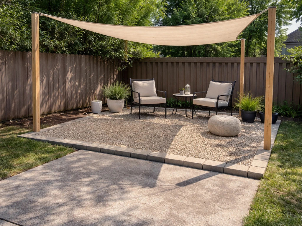 Bright daylight view of a budget patio with pea gravel, paver border, and a simple shade sail.