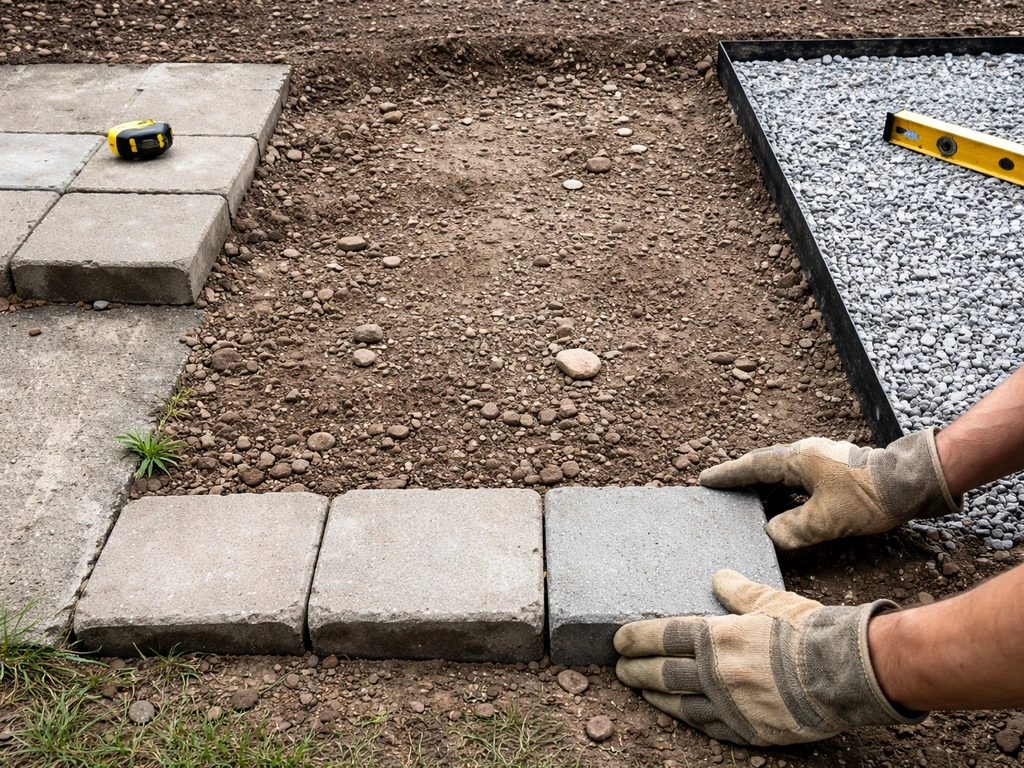 Three patio starting areas: concrete slab, bare dirt/gravel, and an edged gravel section with tools