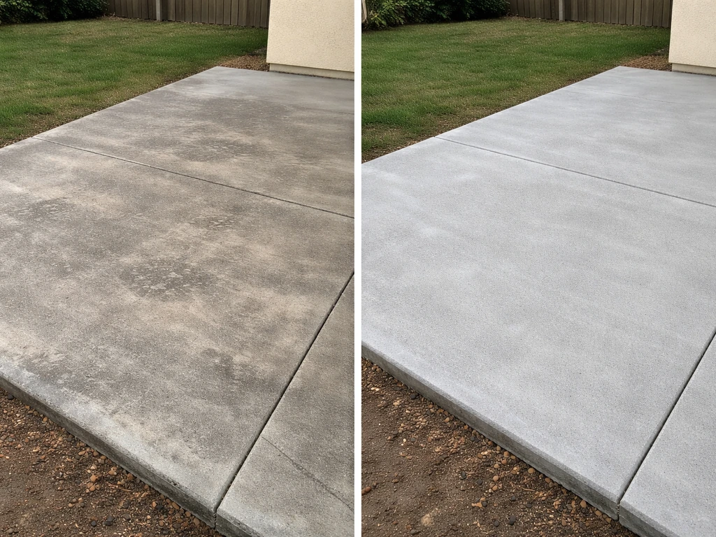 Split view of a faded concrete patio versus a freshly resurfaced concrete patio with clean cured texture.
