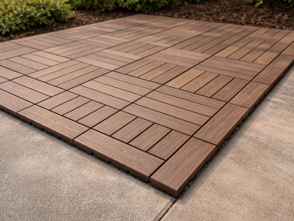 Snap-together deck tiles neatly installed on a concrete slab with aligned seams and a clean border.